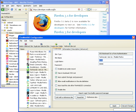 FireWebSSO full interface. Sites configuration panel