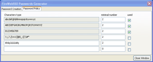 FireWebSSO: Passwords Generator: password policy.