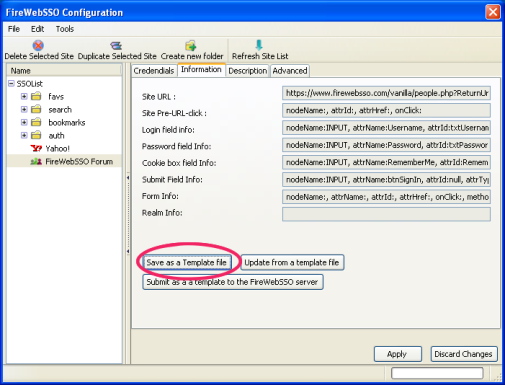 FireWebSSO : Information tab and site template